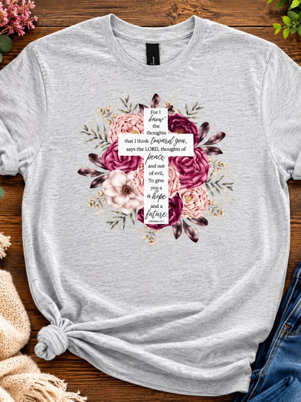 Gray Floral Shirt with Cross and Scripture Declaration- Custom Made - Picture 1 of 2